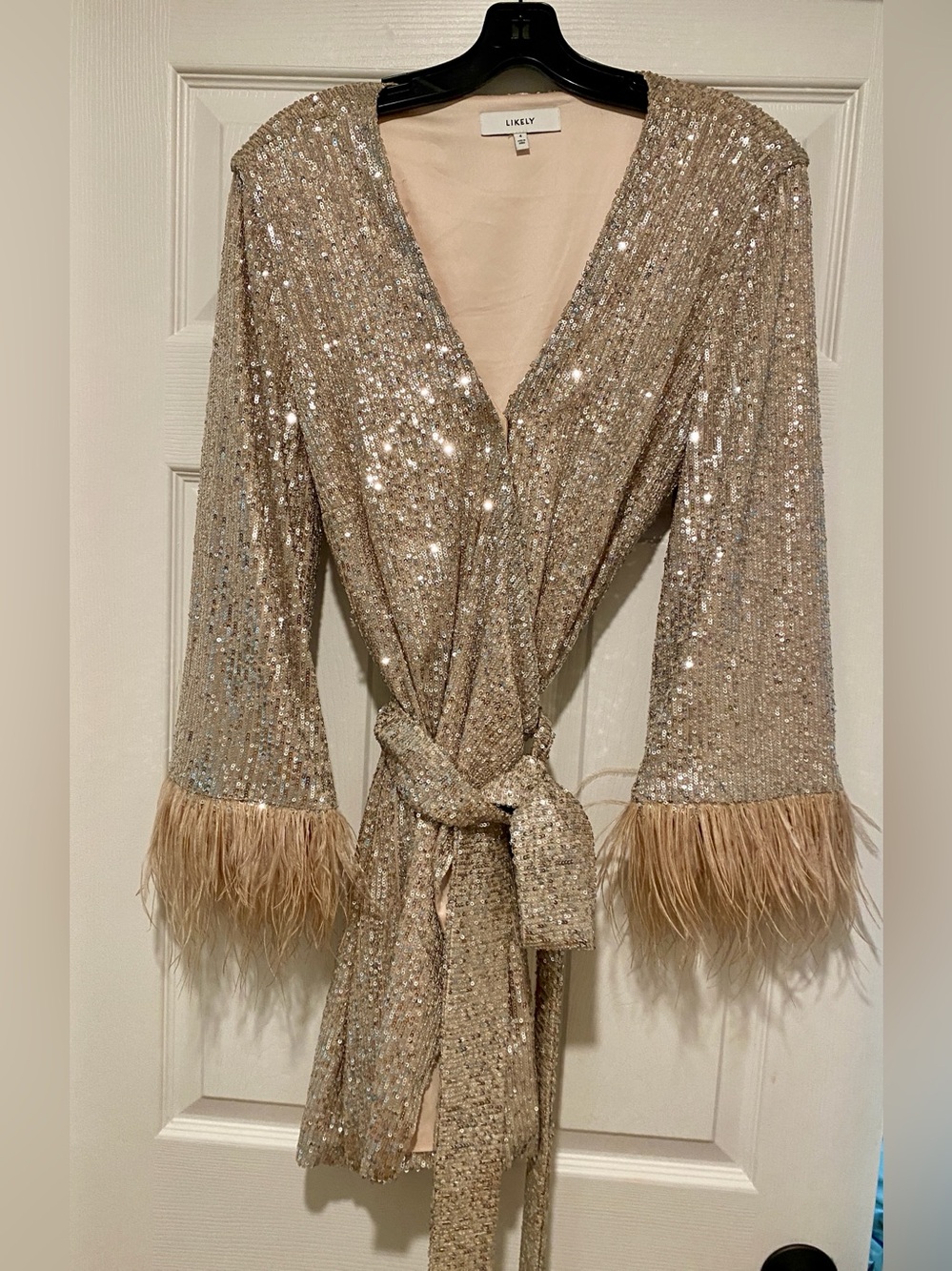 Likely Champagne Sequin Feather Lange Dress with Ostrich Feather Cuffs